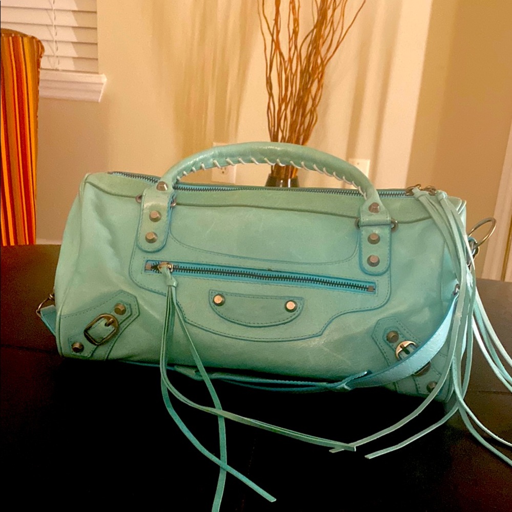Blue Balenciaga shoulder bag with Structured Shape and Metallic Accents
